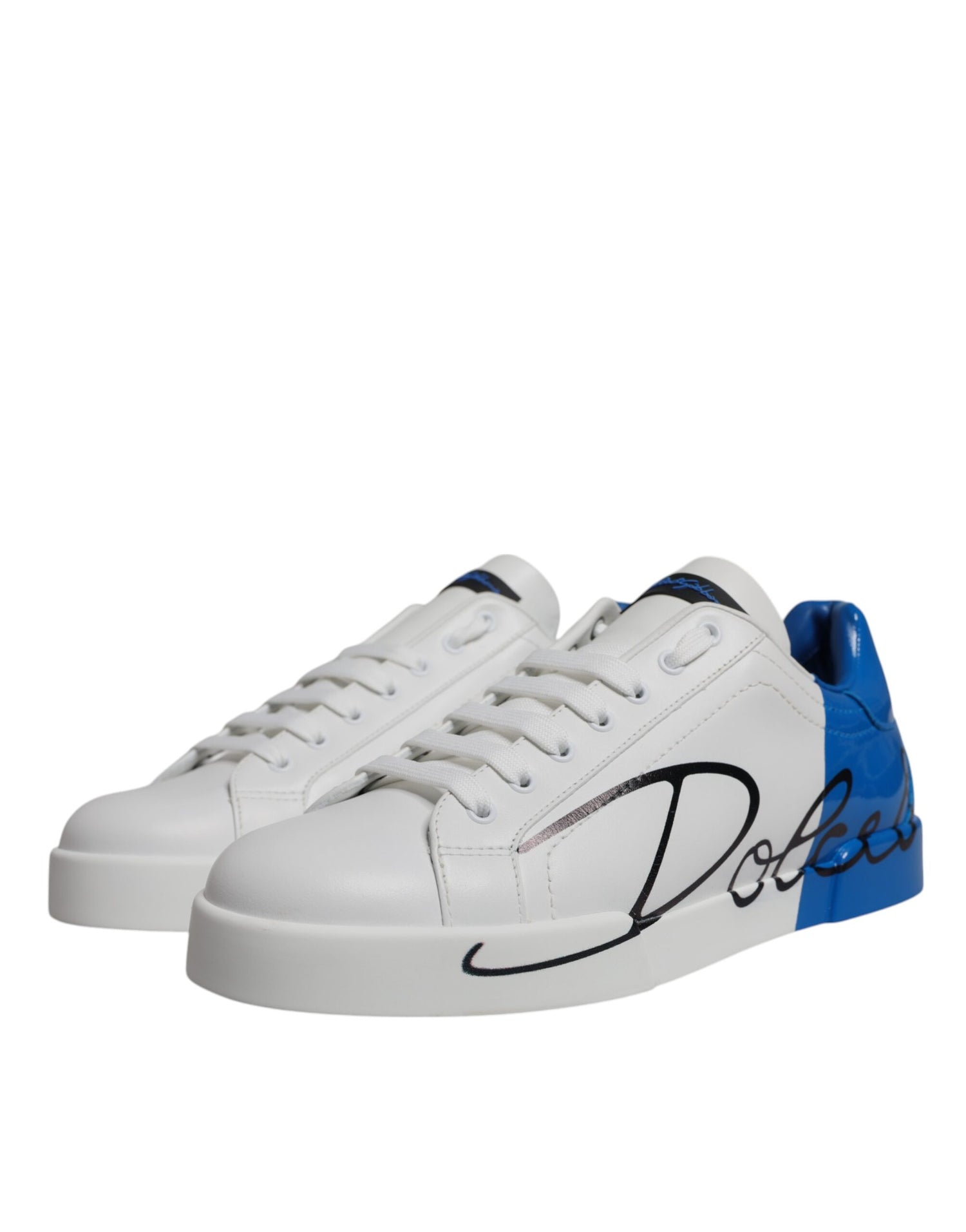 Dolce &amp;amp; Gabbana Vita Blå Läderlogotyp Låga Sneakers Skor