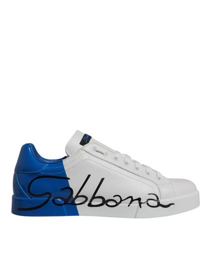 Dolce &amp;amp; Gabbana Vita Blå Läderlogotyp Låga Sneakers Skor