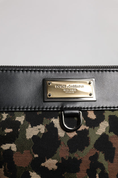 Dolce &amp; Gabbana Multicolor Leopard Jacquard Print Logo Plaque Pouch Bag