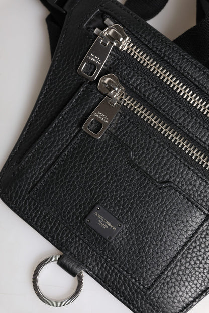 Dolce &amp;amp; Gabbana Svart Kalvskinnsmönstrad Midjeväska med Logotypplack och Bälte för Män