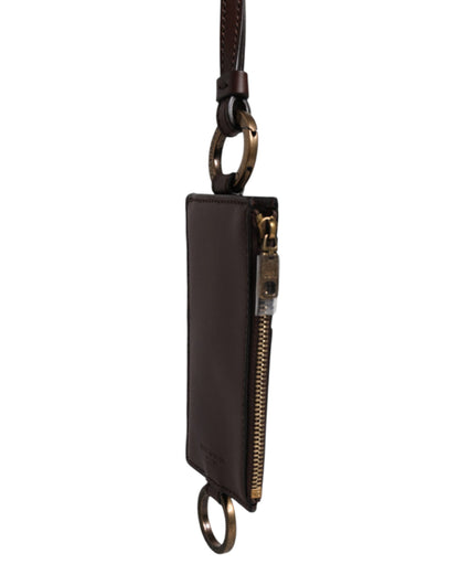 Dolce &amp; Gabbana Brown Calf Leather Lanyard Logo Card Holder Wallet