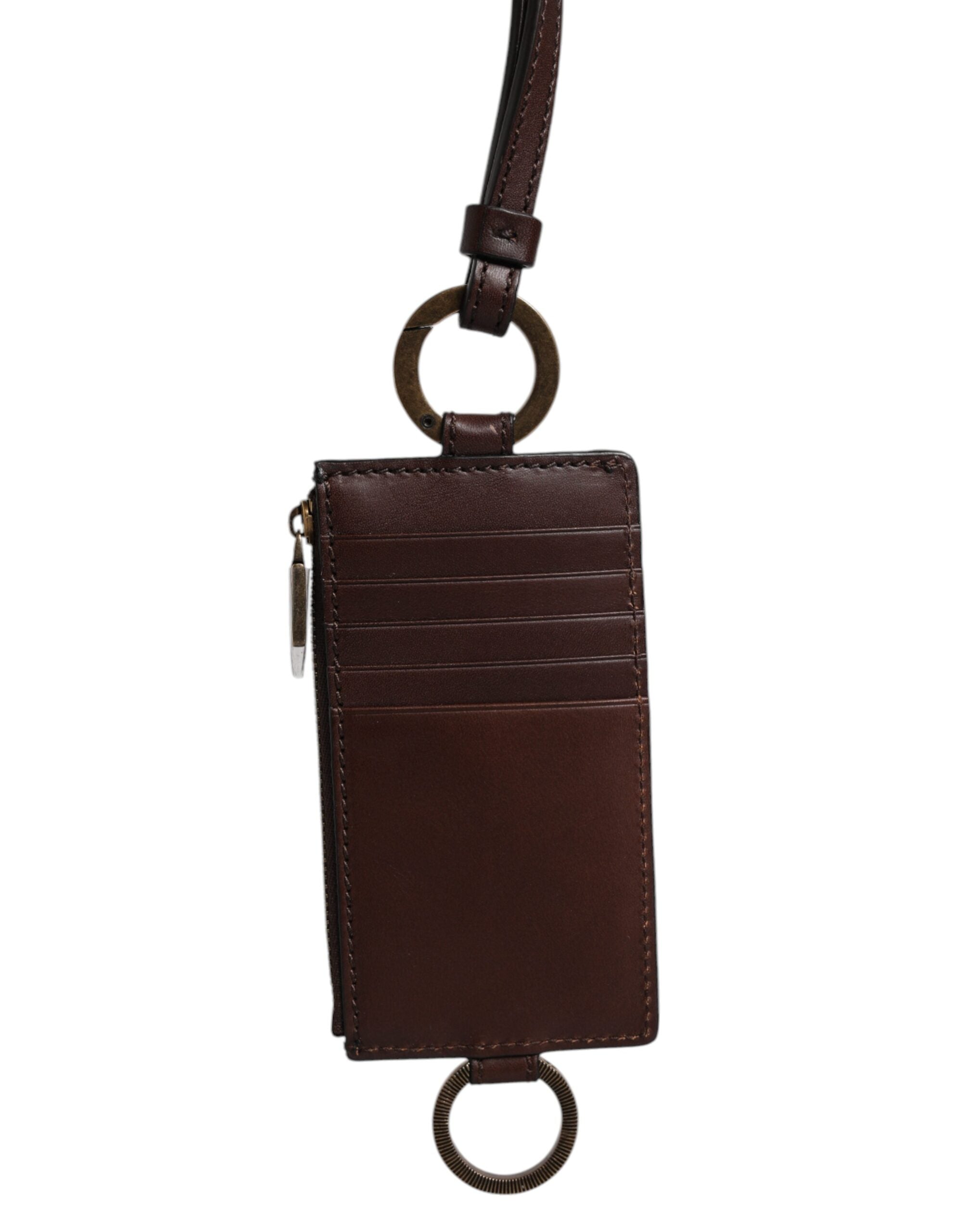 Dolce &amp; Gabbana Brown Calf Leather Lanyard Logo Card Holder Wallet