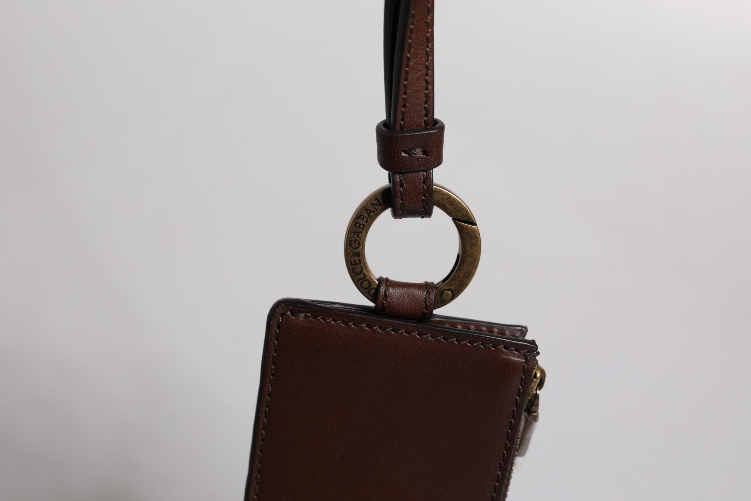 Dolce &amp; Gabbana Brown Calf Leather Lanyard Logo Card Holder Wallet