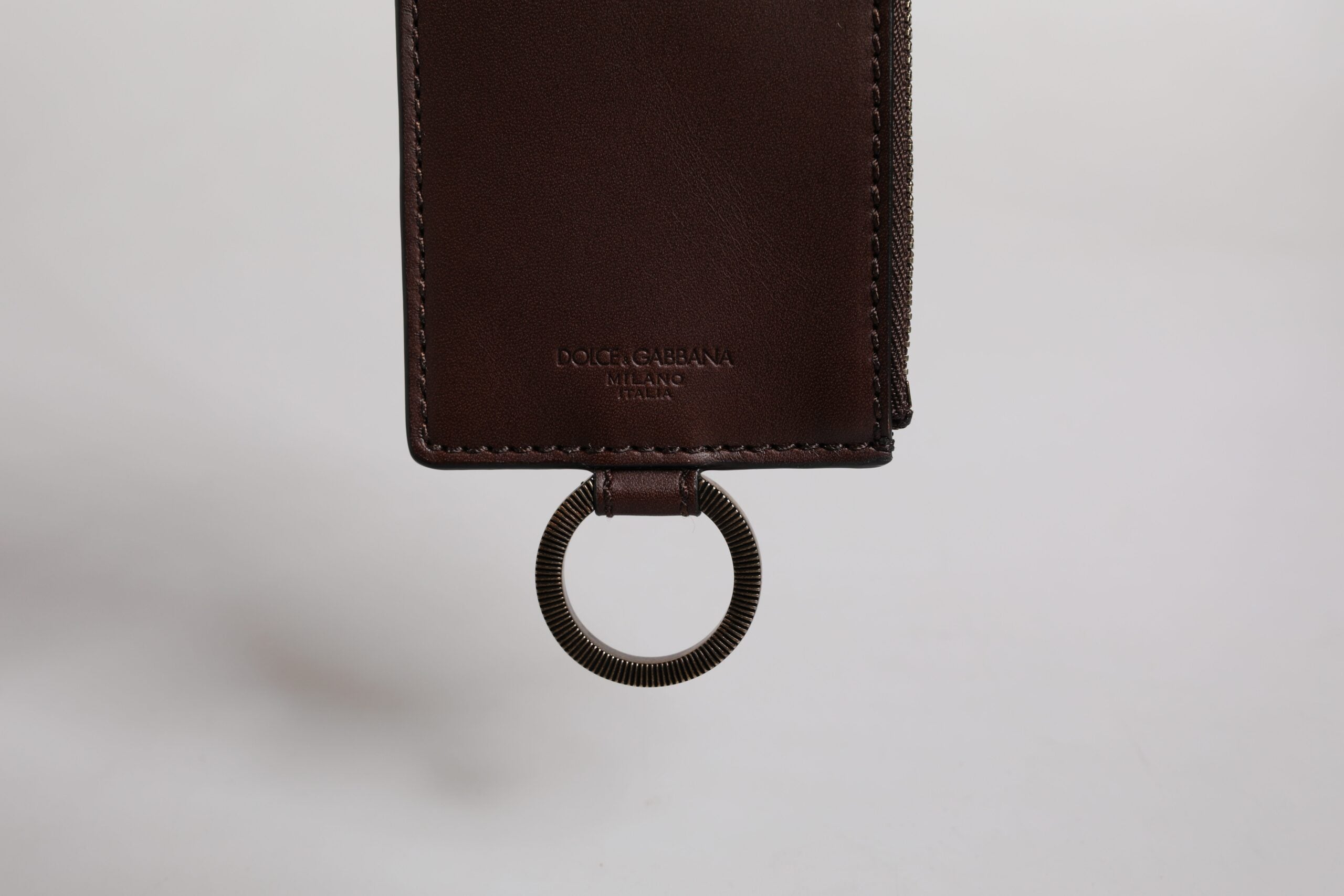 Dolce &amp; Gabbana Brown Calf Leather Lanyard Logo Card Holder Wallet
