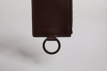 Dolce &amp; Gabbana Brown Calf Leather Lanyard Logo Card Holder Wallet