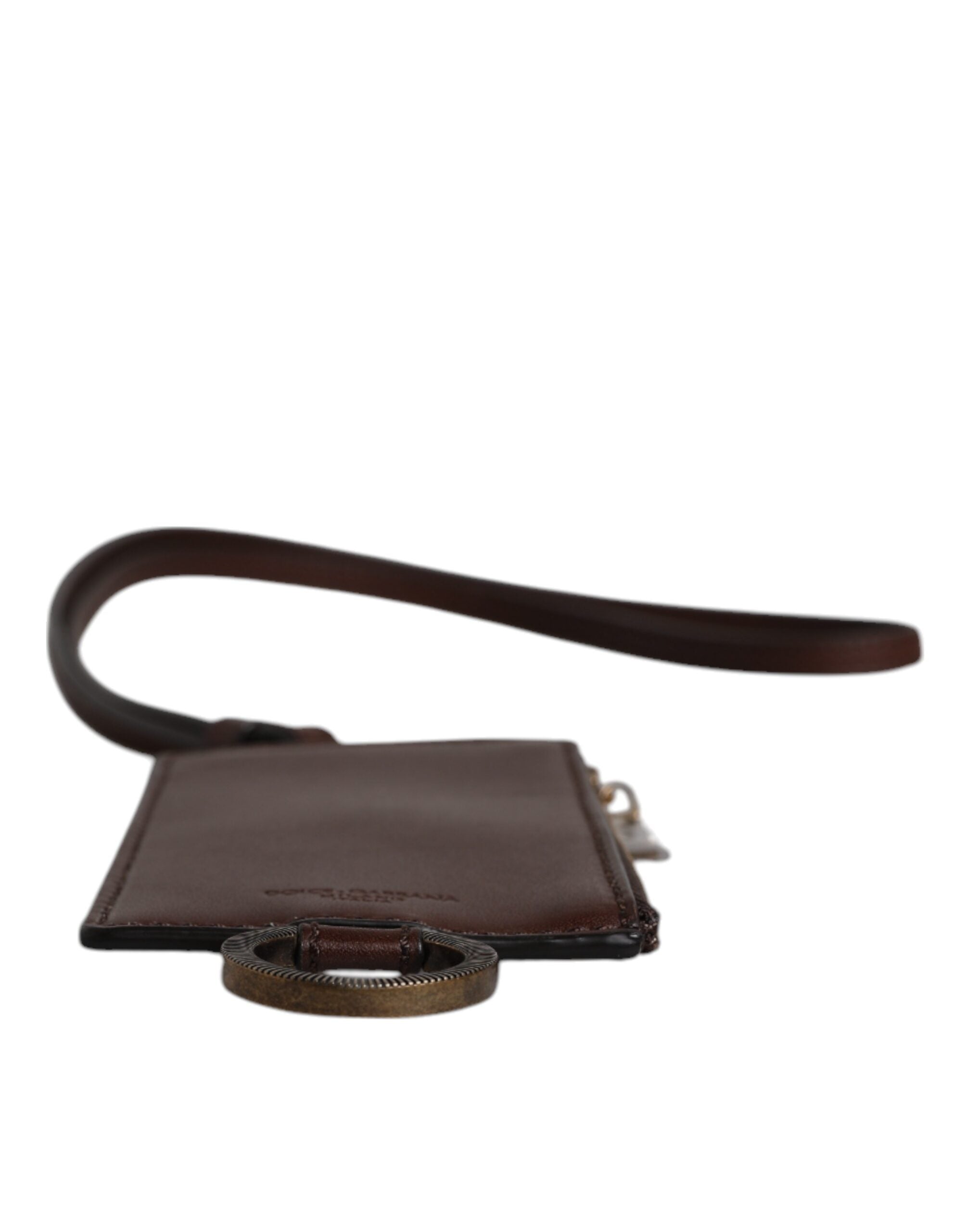 Dolce &amp; Gabbana Brown Calf Leather Lanyard Logo Card Holder Wallet