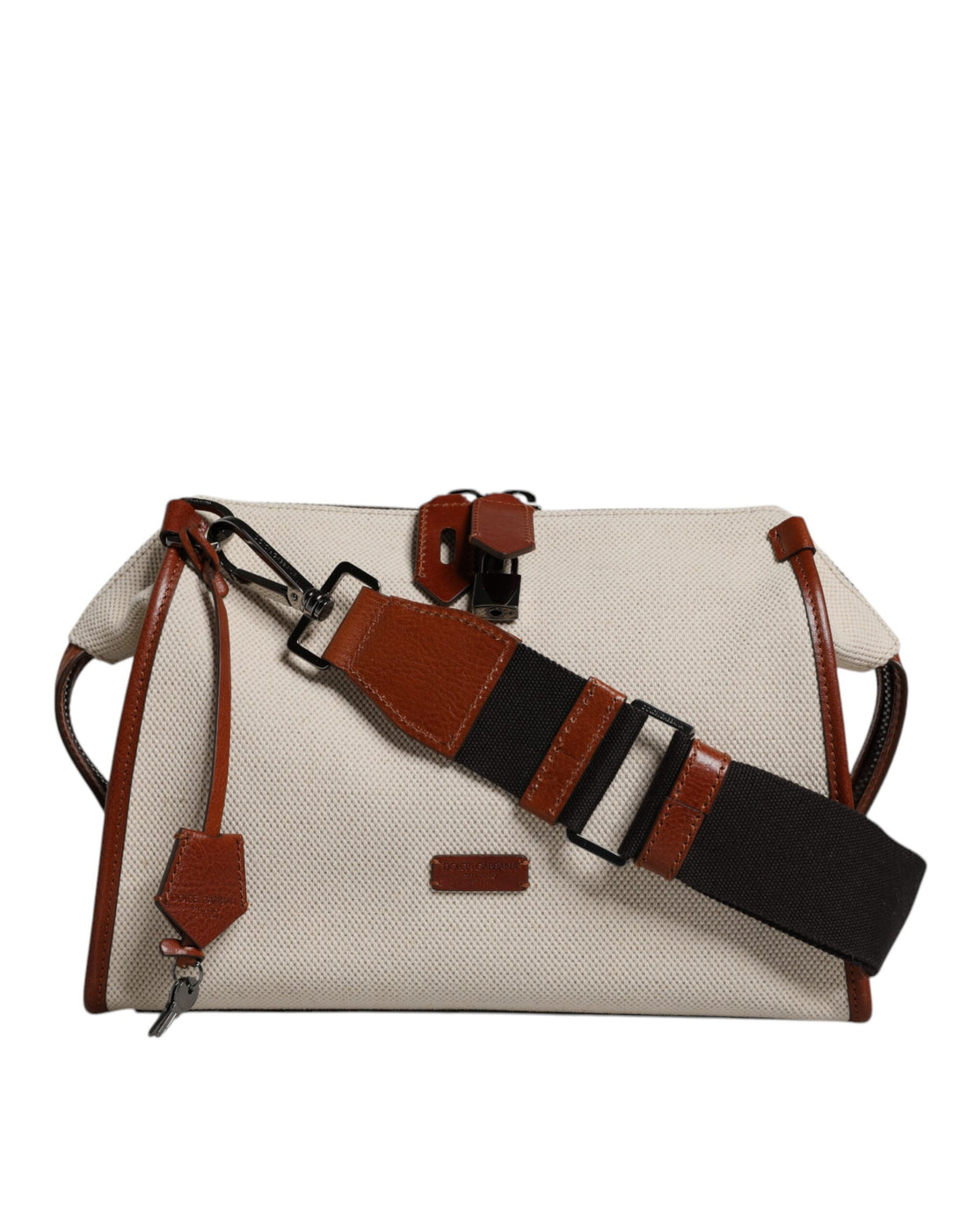 Dolce &amp; Gabbana Beige Brown Cotton Leather Duffle Shoulder Bag