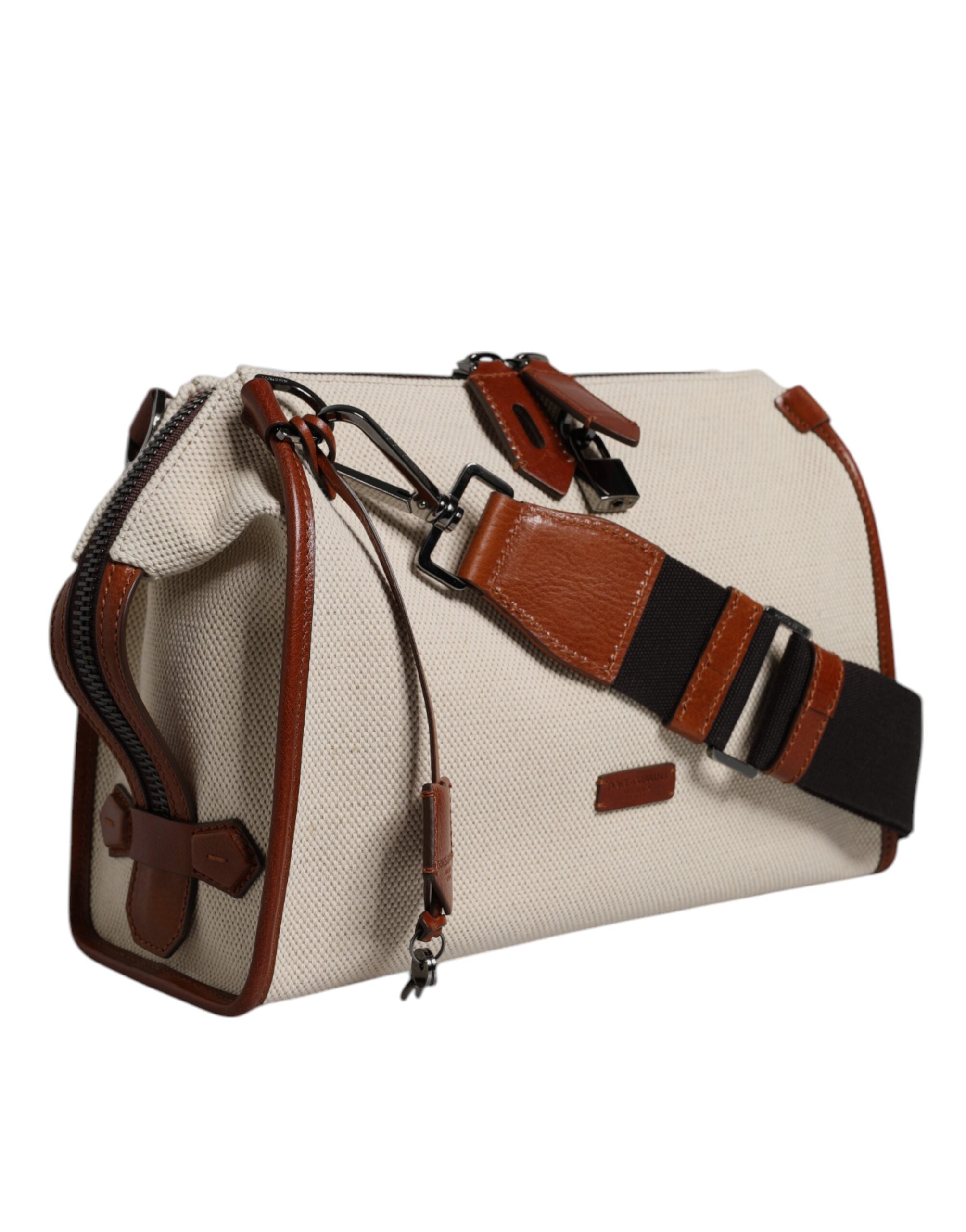 Dolce &amp; Gabbana Beige Brown Cotton Leather Duffle Shoulder Bag