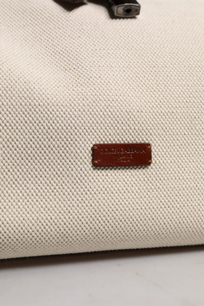 Dolce &amp; Gabbana Beige Brown Cotton Leather Duffle Shoulder Bag