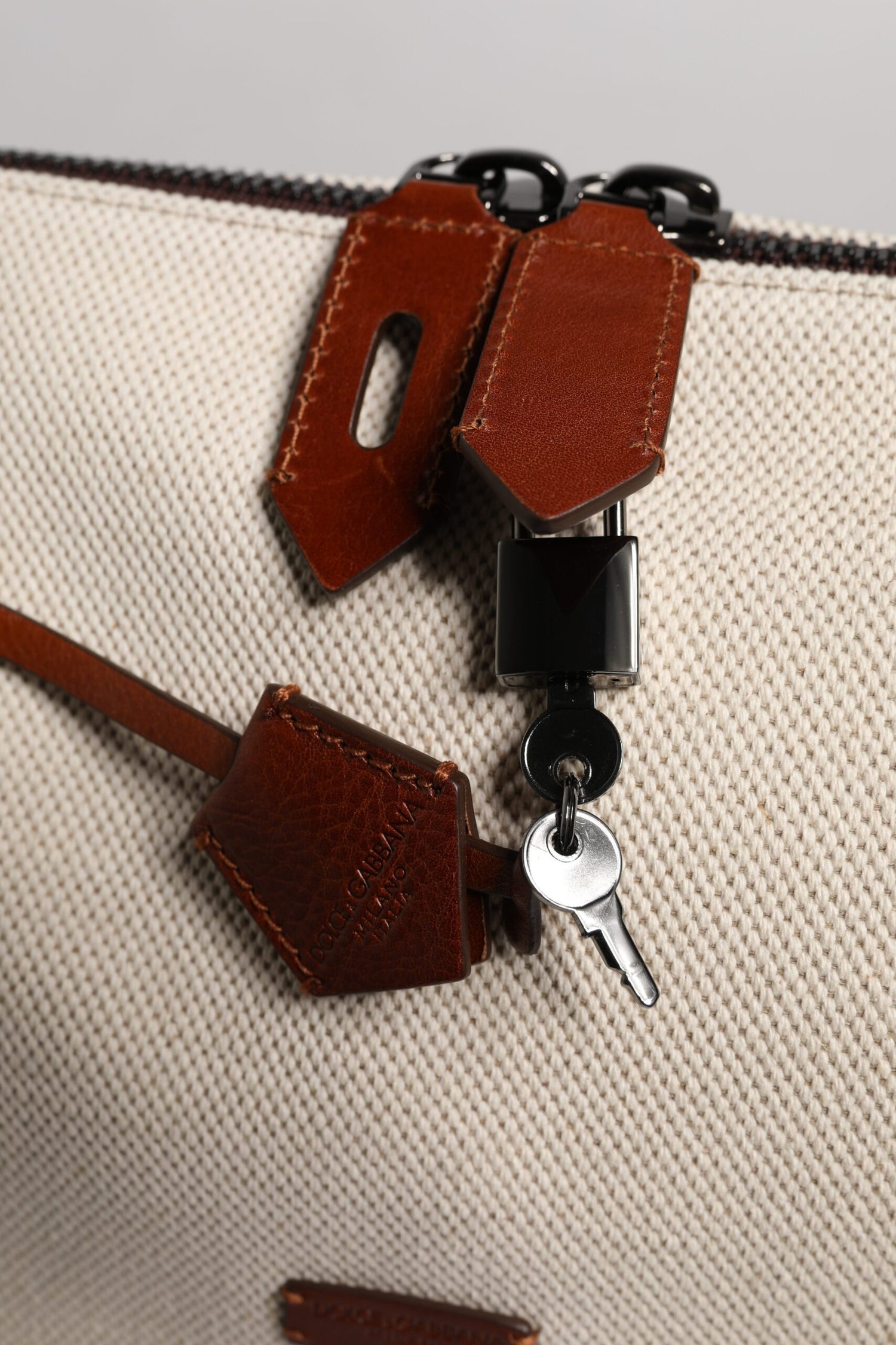Dolce &amp; Gabbana Beige Brown Cotton Leather Duffle Shoulder Bag