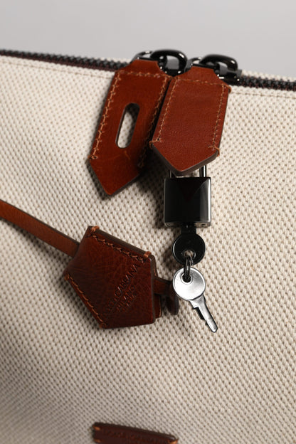 Dolce &amp; Gabbana Beige Brown Cotton Leather Duffle Shoulder Bag