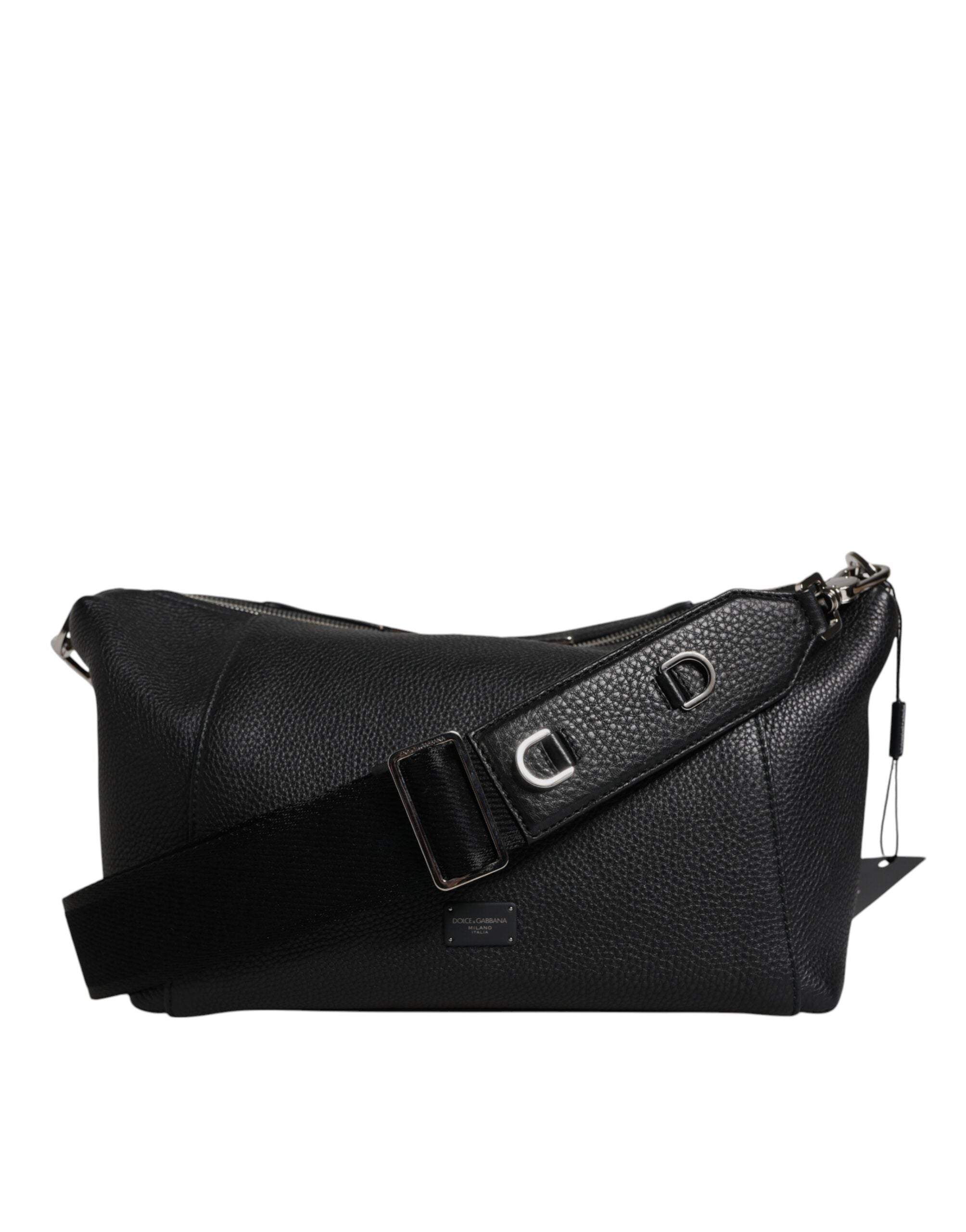 Dolce &amp; Gabbana Black Leather Logo Plaque Shoulder Crossbody Bag