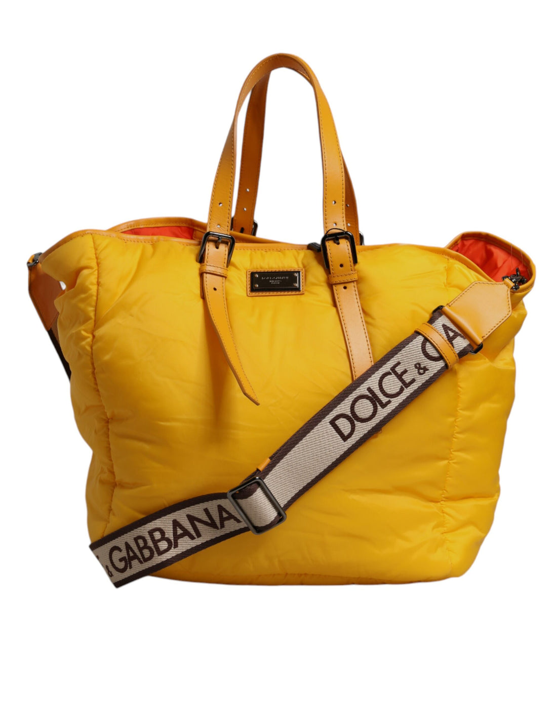 Dolce &amp; Gabbana Yellow Orange Nylon Logo Plaque Hand Shoulder Duffle Bag