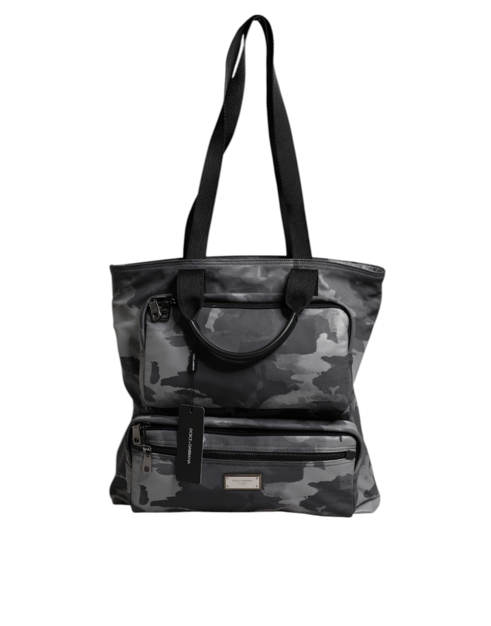 Dolce &amp; Gabbana Gray Camo Cotton Multiple Compartments Tote Bag
