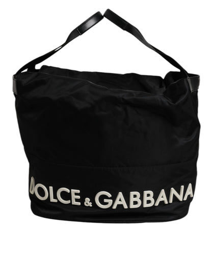 Dolce &amp; Gabbana Black Nylon White Iconic Logo Shoulder Bucket Bag