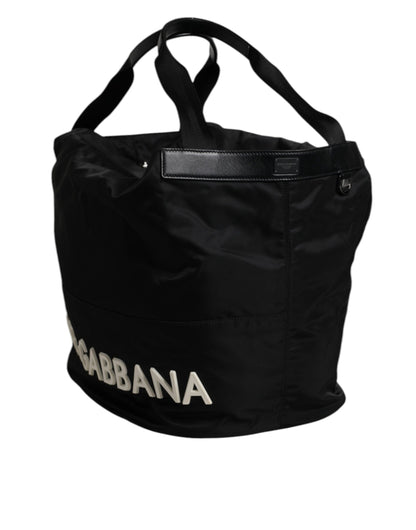 Dolce &amp; Gabbana Black Nylon White Iconic Logo Shoulder Bucket Bag