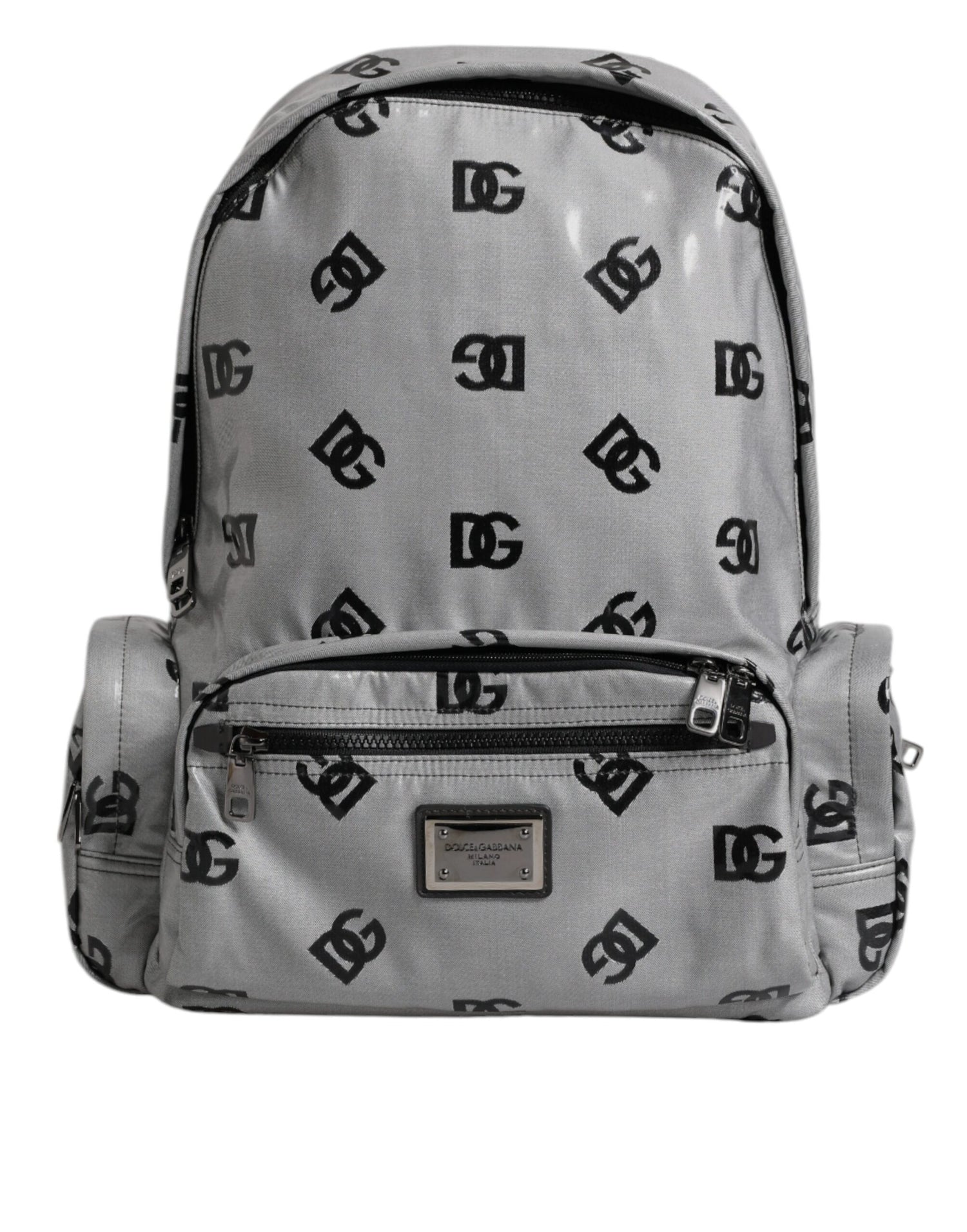 Dolce &amp; Gabbana Polyester Gray Black DG Logo Plaque Backpack Bag