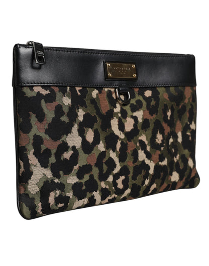 Dolce &amp; Gabbana Multicolor Leopard Jacquard Print Logo Plaque Pouch Bag
