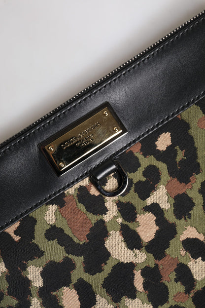 Dolce &amp; Gabbana Multicolor Leopard Jacquard Print Logo Plaque Pouch Bag