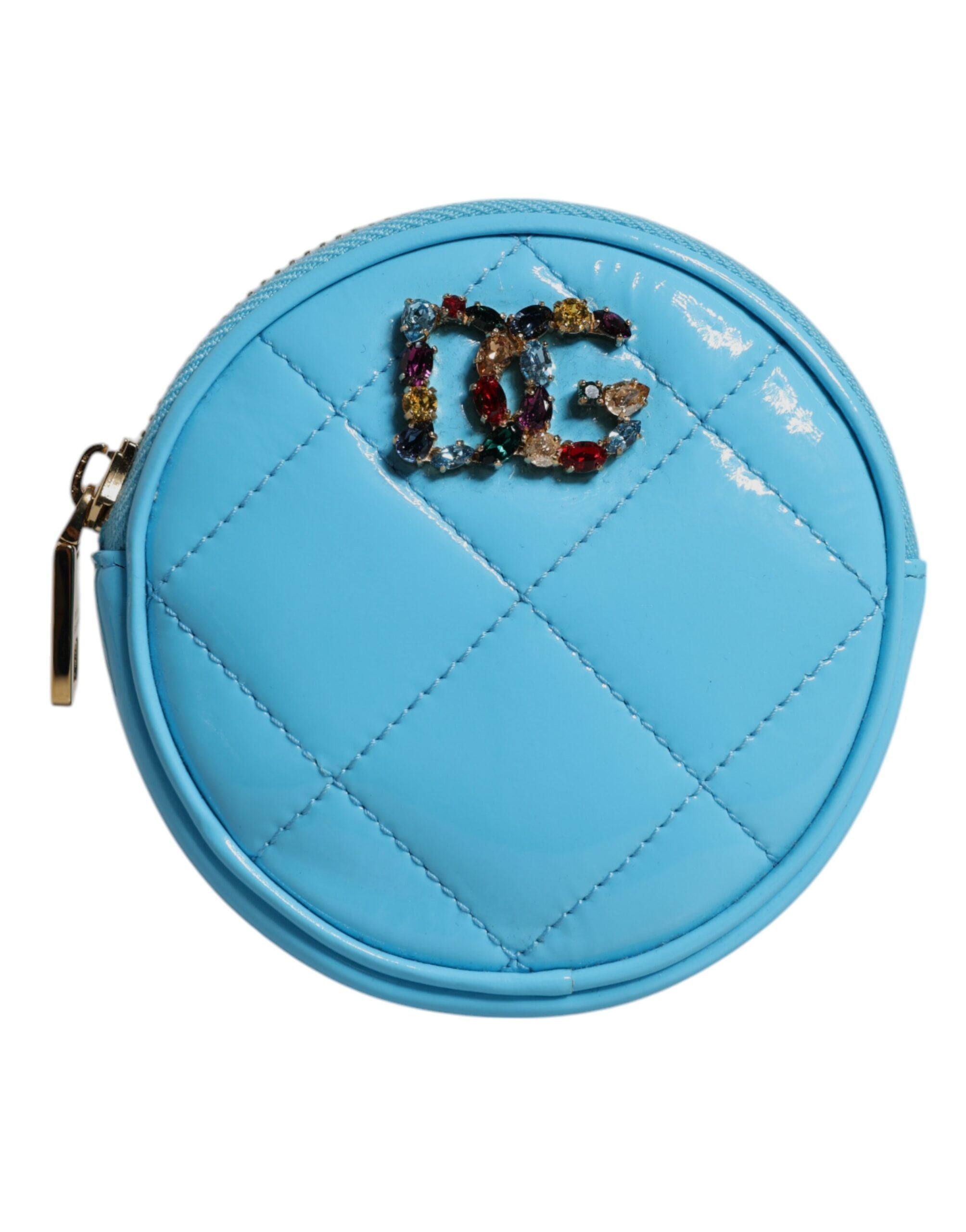 Dolce &amp; Gabbana Light Blue Lamb Leather DG Crystal Round Coin Purse Wallet