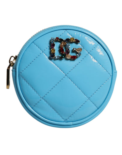 Dolce &amp; Gabbana Light Blue Lamb Leather DG Crystal Round Coin Purse Wallet