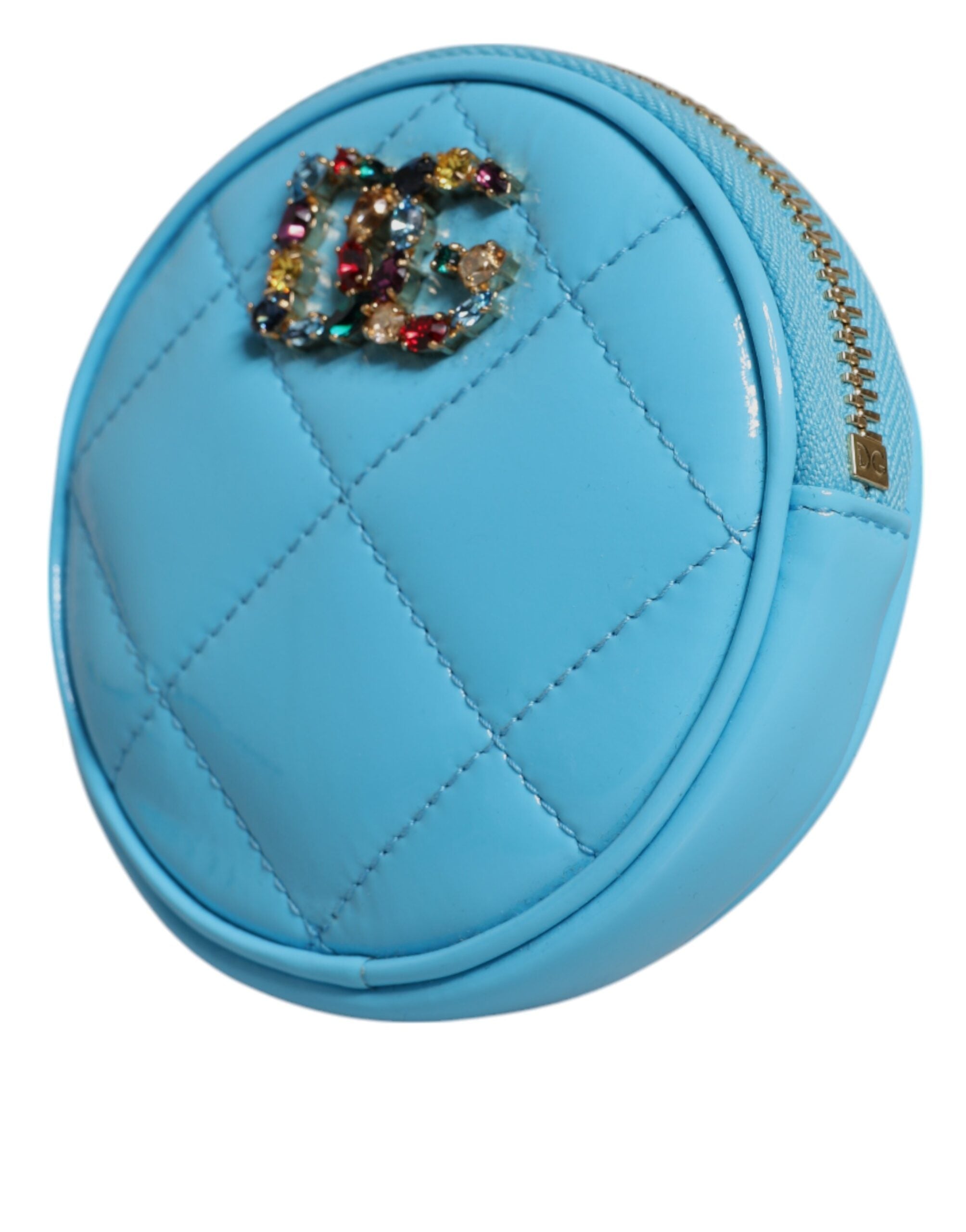 Dolce &amp; Gabbana Light Blue Lamb Leather DG Crystal Round Coin Purse Wallet