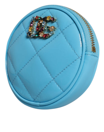 Dolce &amp; Gabbana Light Blue Lamb Leather DG Crystal Round Coin Purse Wallet