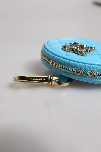 Dolce &amp; Gabbana Light Blue Lamb Leather DG Crystal Round Coin Purse Wallet
