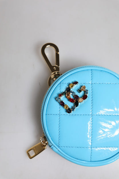 Dolce &amp; Gabbana Light Blue Lamb Leather DG Crystal Round Coin Purse Wallet
