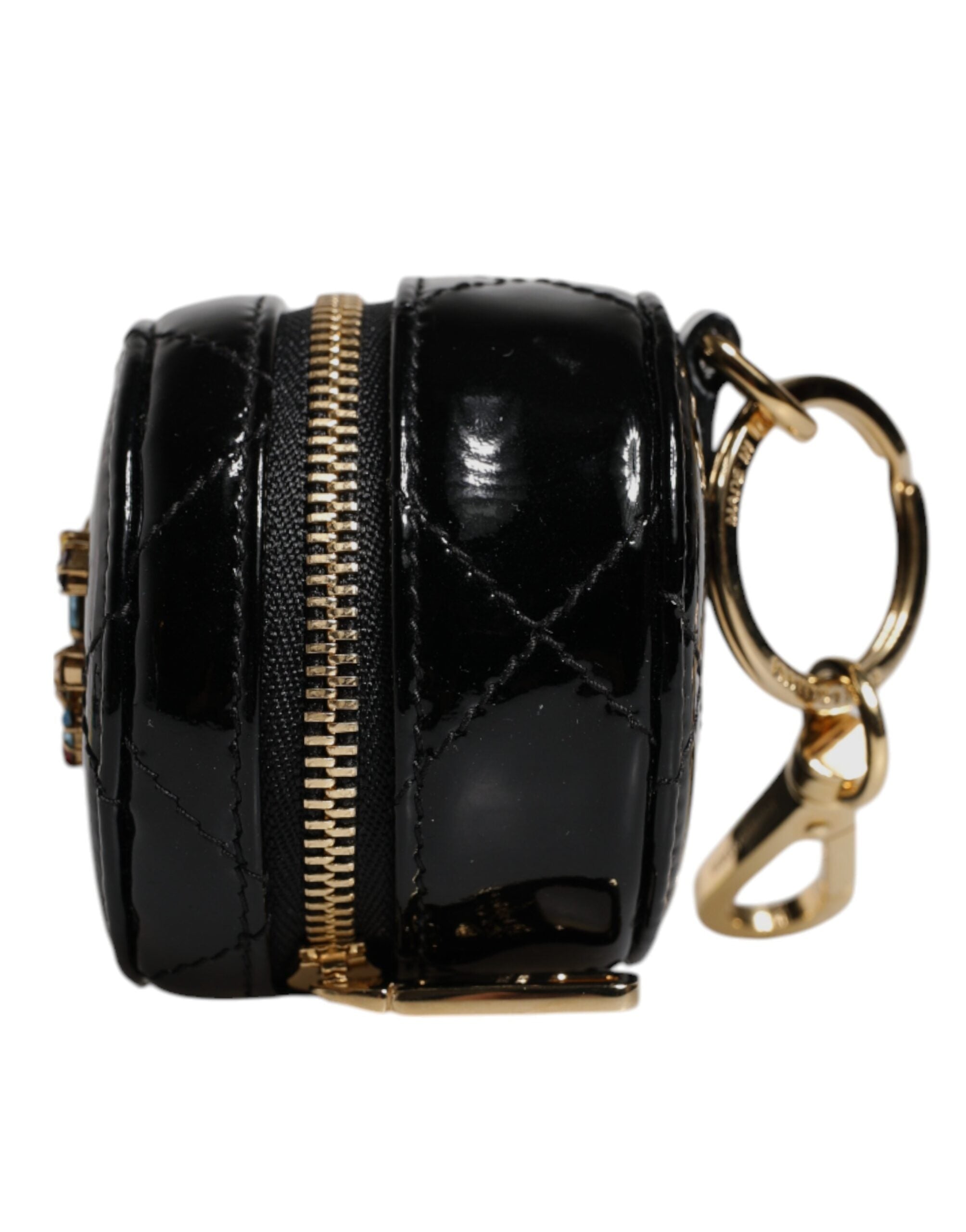 Dolce &amp; Gabbana Black Lamb Leather DG Crystal Round Coin Purse Wallet