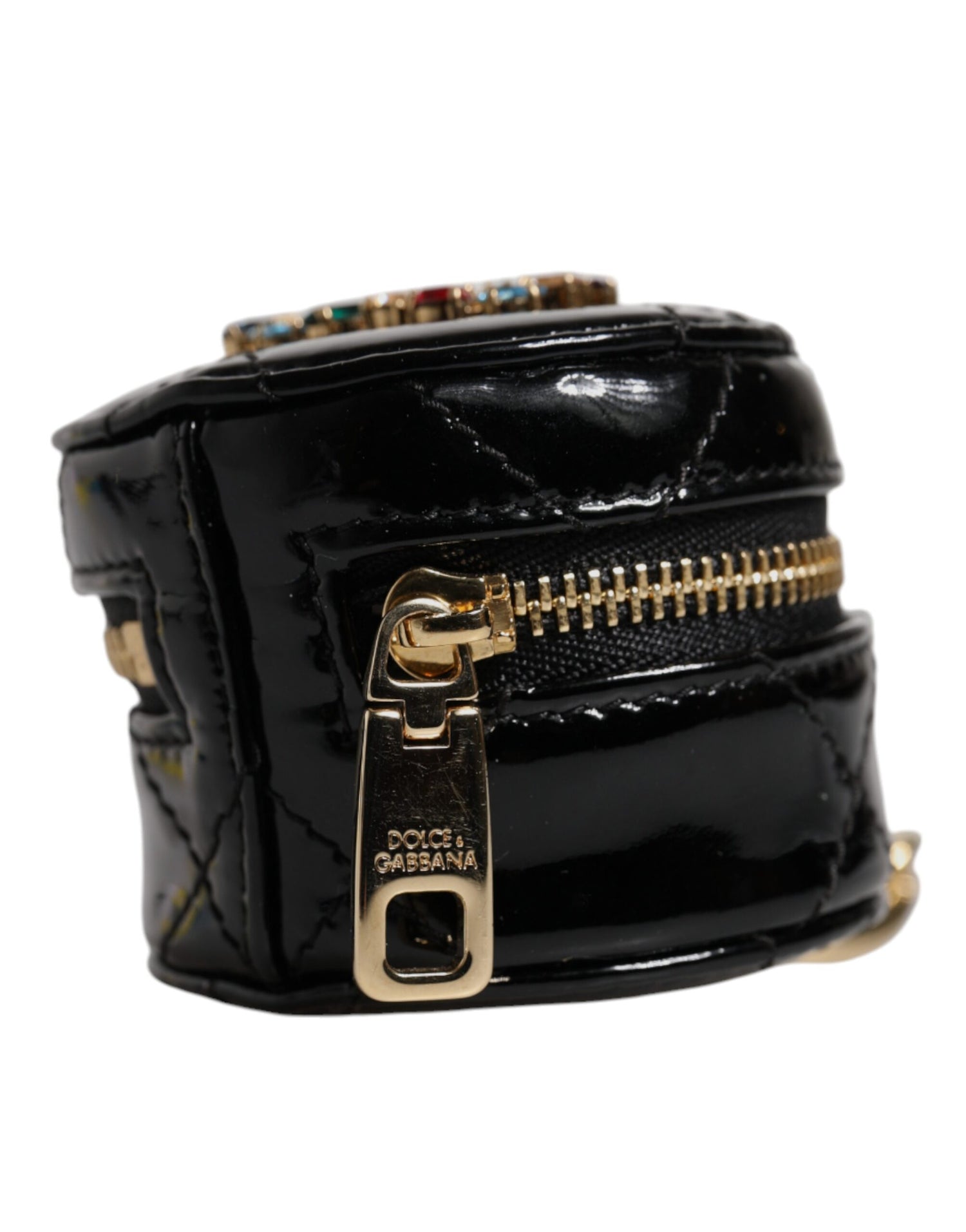 Dolce &amp; Gabbana Black Lamb Leather DG Crystal Round Coin Purse Wallet