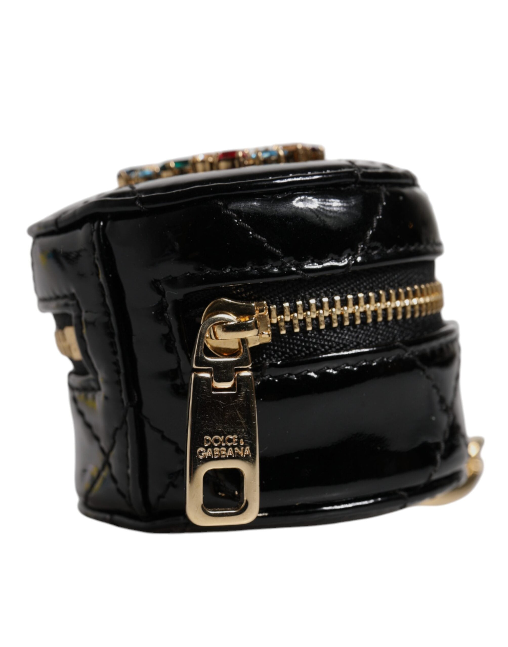 Dolce &amp; Gabbana Black Lamb Leather DG Crystal Round Coin Purse Wallet