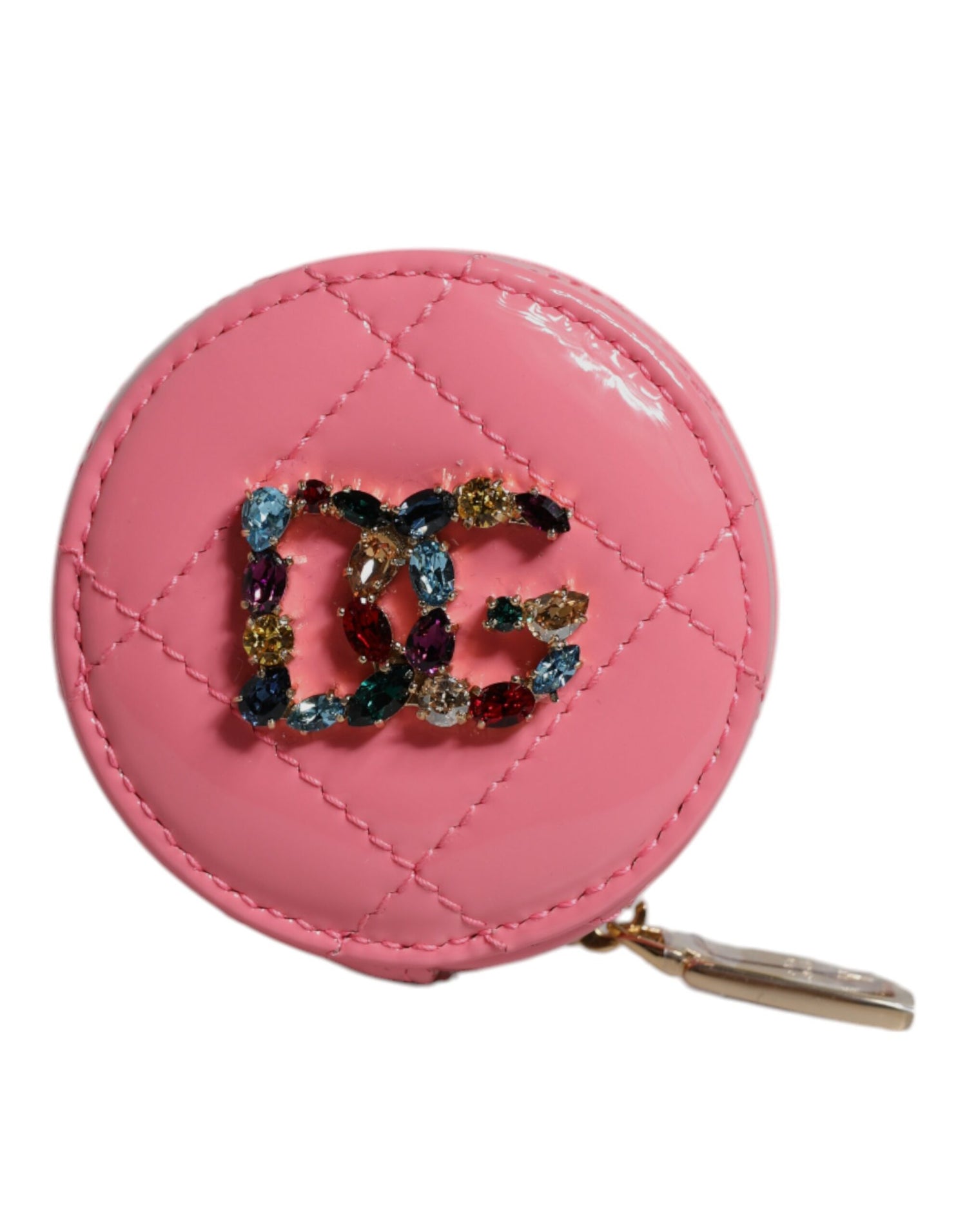 Dolce &amp; Gabbana Pink Lamb Leather DG Crystal Round Coin Purse Wallet