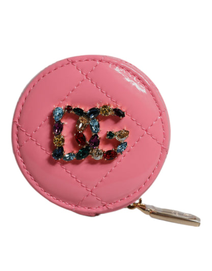 Dolce &amp; Gabbana Pink Lamb Leather DG Crystal Round Coin Purse Wallet