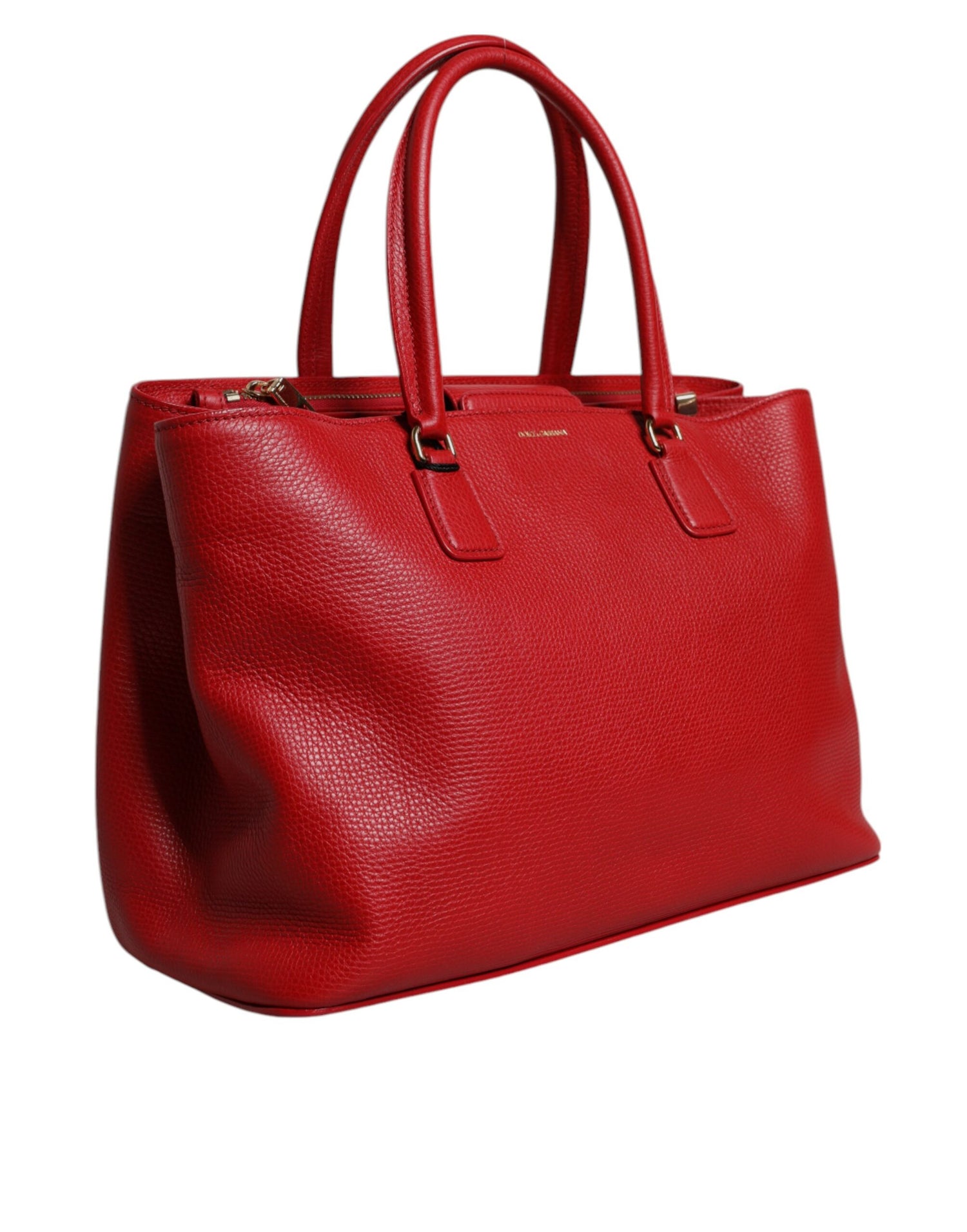 Dolce &amp; Gabbana Red Calfskin Leather Logo Plaque Top Handle Bag