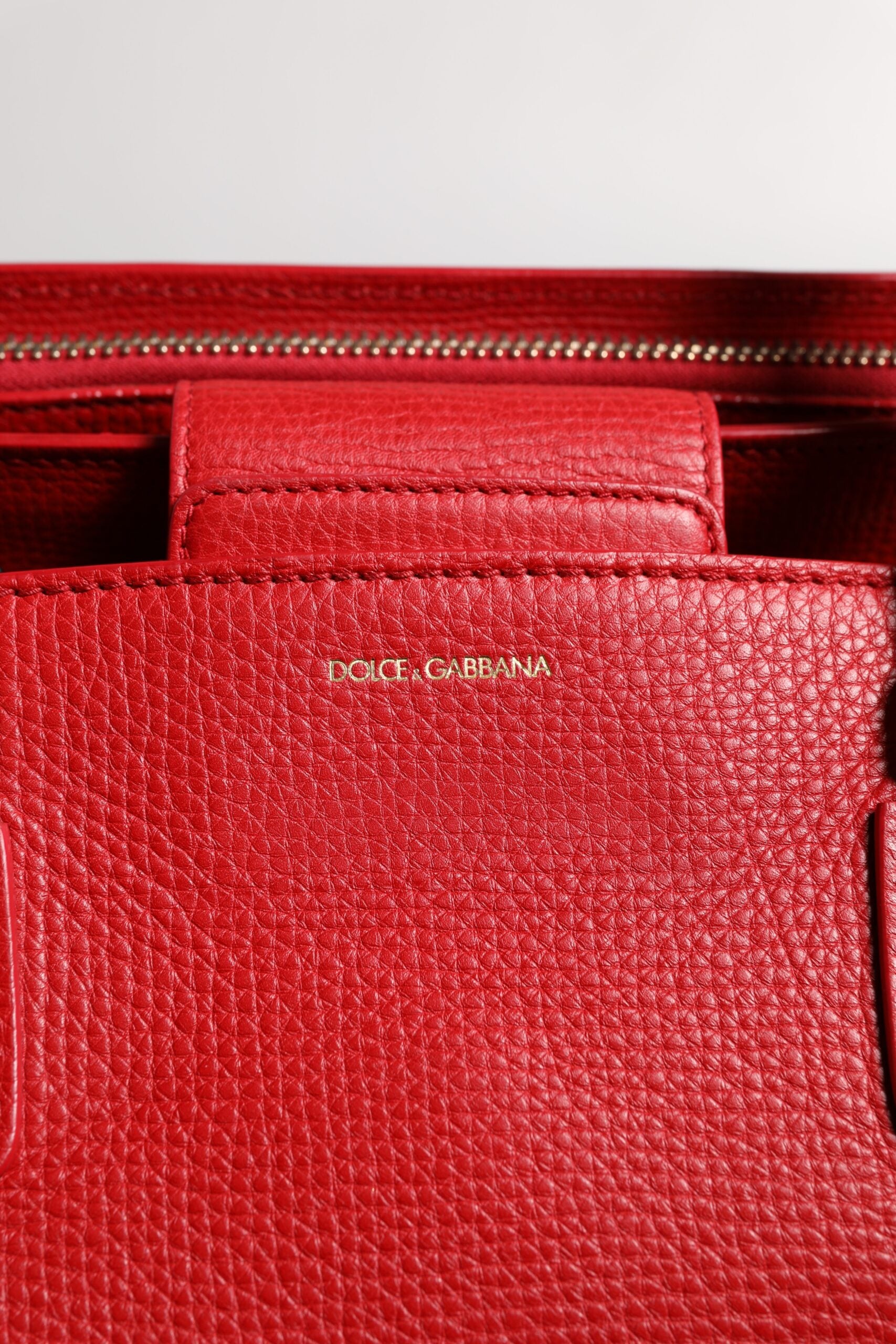 Dolce &amp; Gabbana Red Calfskin Leather Logo Plaque Top Handle Bag
