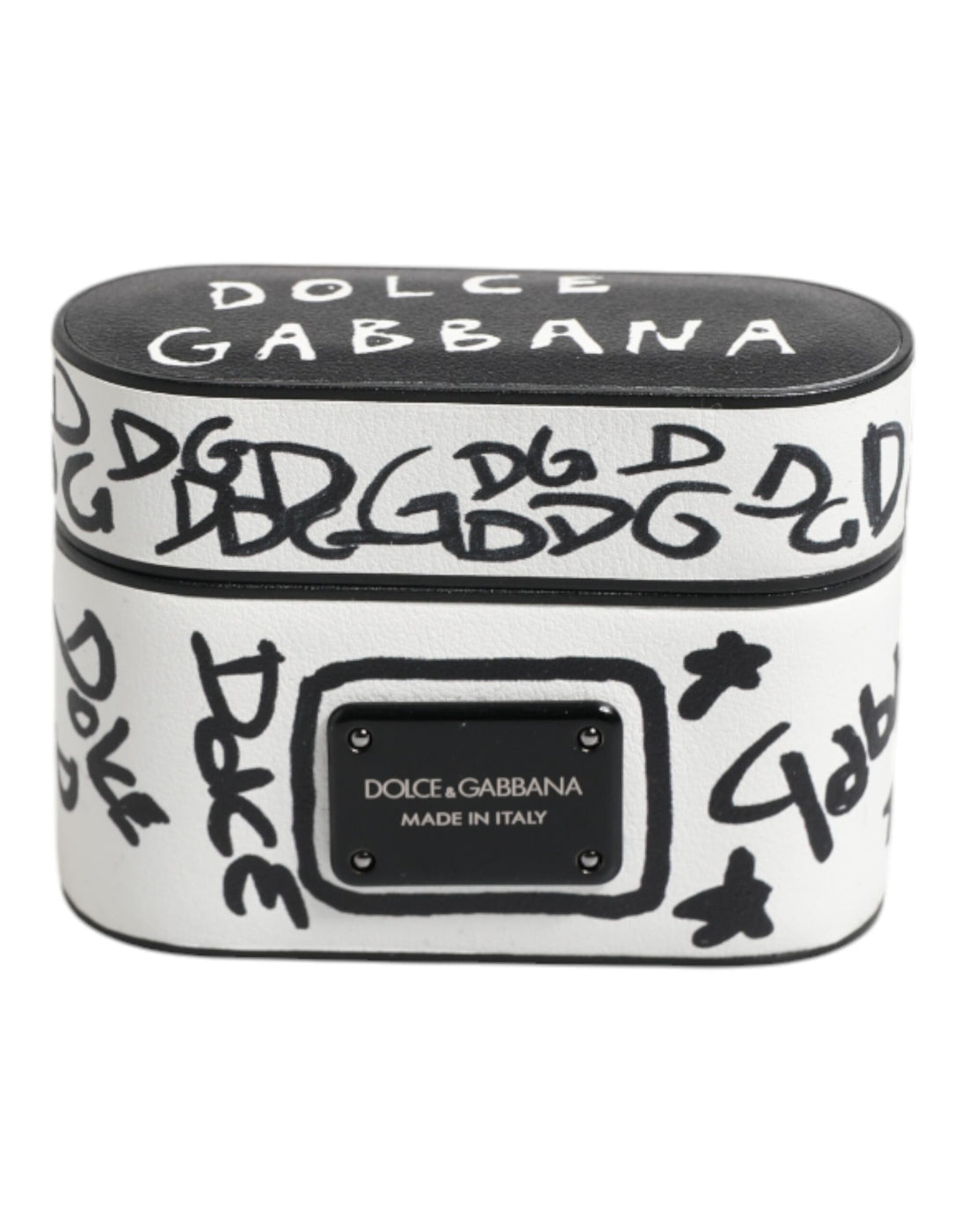 Dolce &amp; Gabbana Black White Leather Scribble Embossed Logo Airpods Case