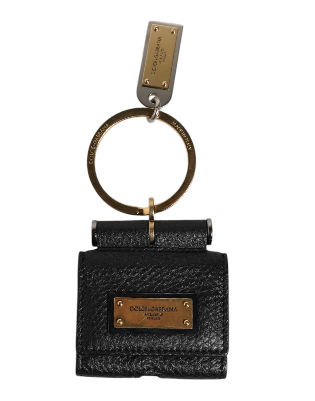 Dolce &amp; Gabbana Black Leather Strap Gold Metal Logo Plaque Airpods Case