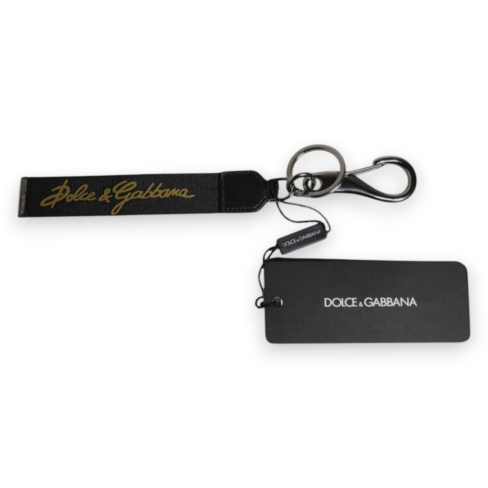 Dolce &amp; Gabbana Black Logo Nylon Silver Brass Men Holder Keychain Keyring