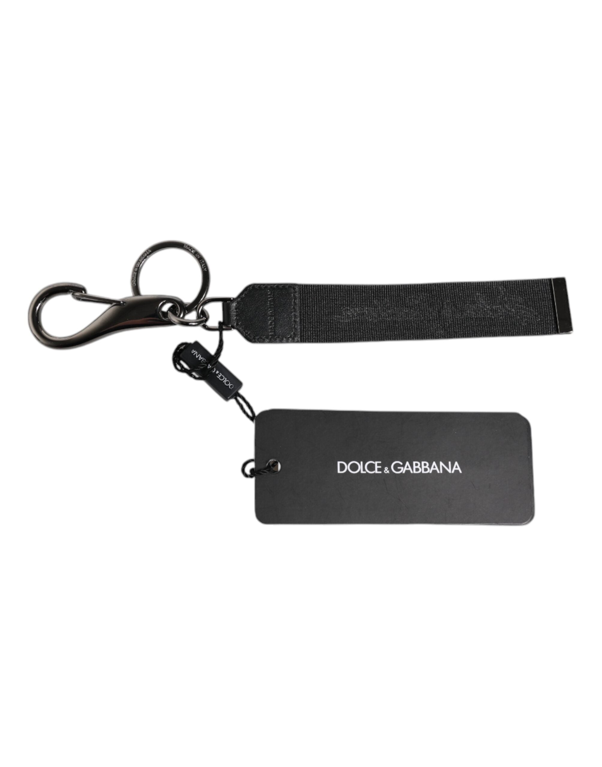Dolce &amp; Gabbana Black Logo Nylon Silver Brass Men Holder Keychain Keyring