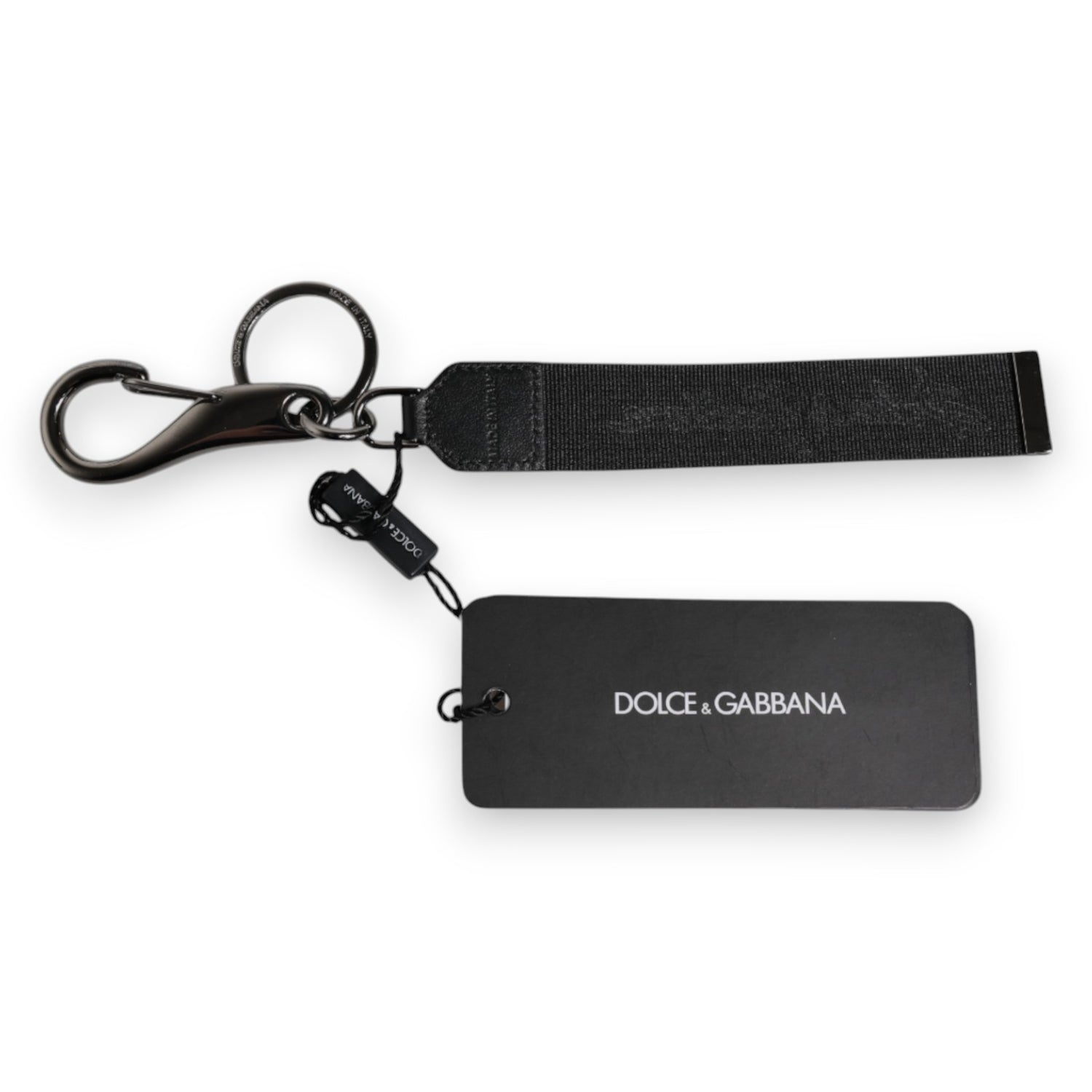 Dolce &amp; Gabbana Black Logo Nylon Silver Brass Men Holder Keychain Keyring