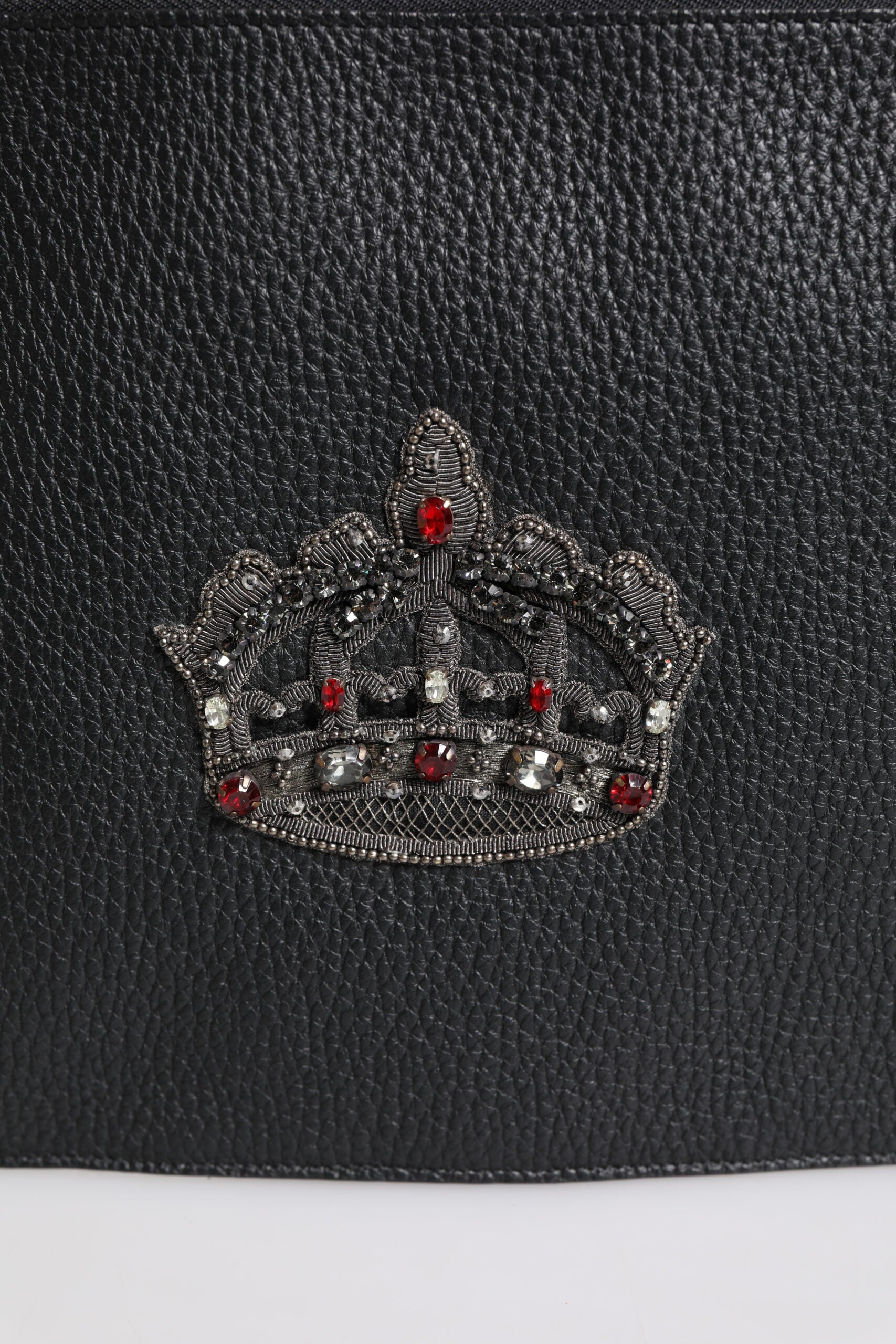 Dolce &amp; Gabbana Black Calfskin Crown Embellished Clutch Pouch Bag