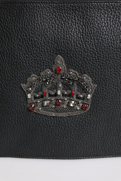 Dolce &amp; Gabbana Black Calfskin Crown Embellished Clutch Pouch Bag