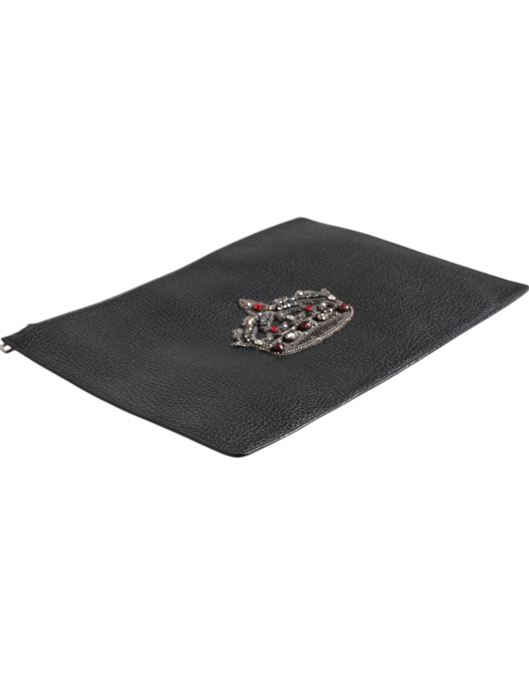 Dolce &amp; Gabbana Black Calfskin Crown Embellished Clutch Pouch Bag