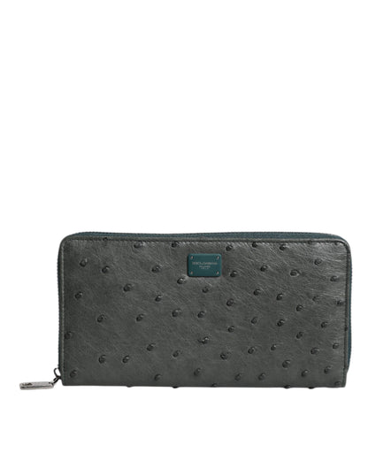 Dolce &amp; Gabbana Green Ostrich Logo Plaque Zip Around Continental Wallet