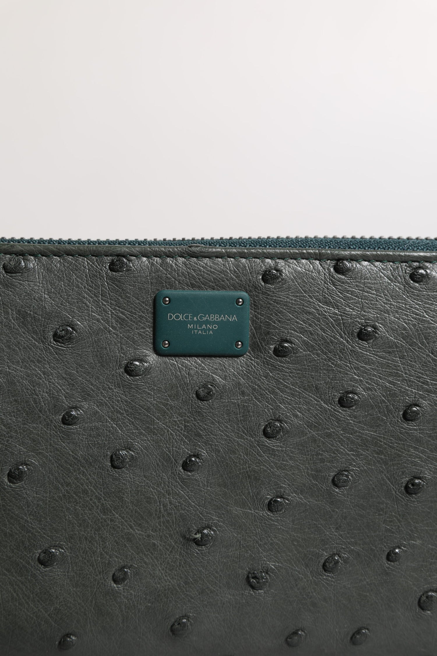 Dolce &amp; Gabbana Green Ostrich Logo Plaque Zip Around Continental Wallet