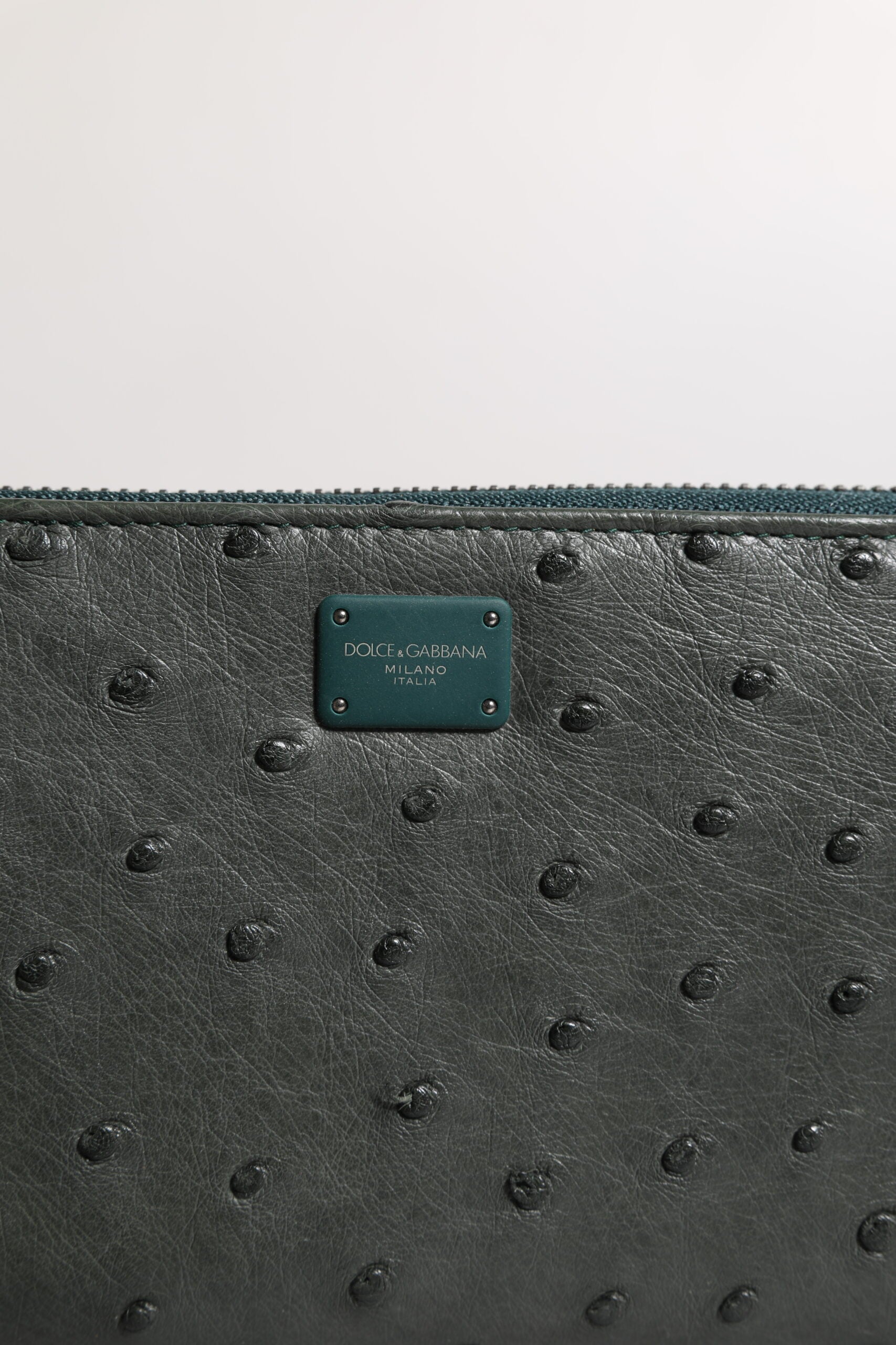 Dolce &amp; Gabbana Green Ostrich Logo Plaque Zip Around Continental Wallet