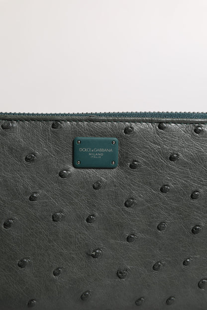 Dolce &amp; Gabbana Green Ostrich Logo Plaque Zip Around Continental Wallet