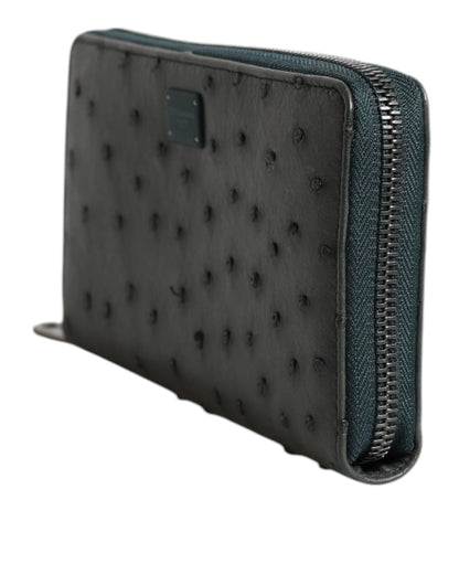 Dolce &amp; Gabbana Green Ostrich Logo Plaque Zip Around Continental Wallet