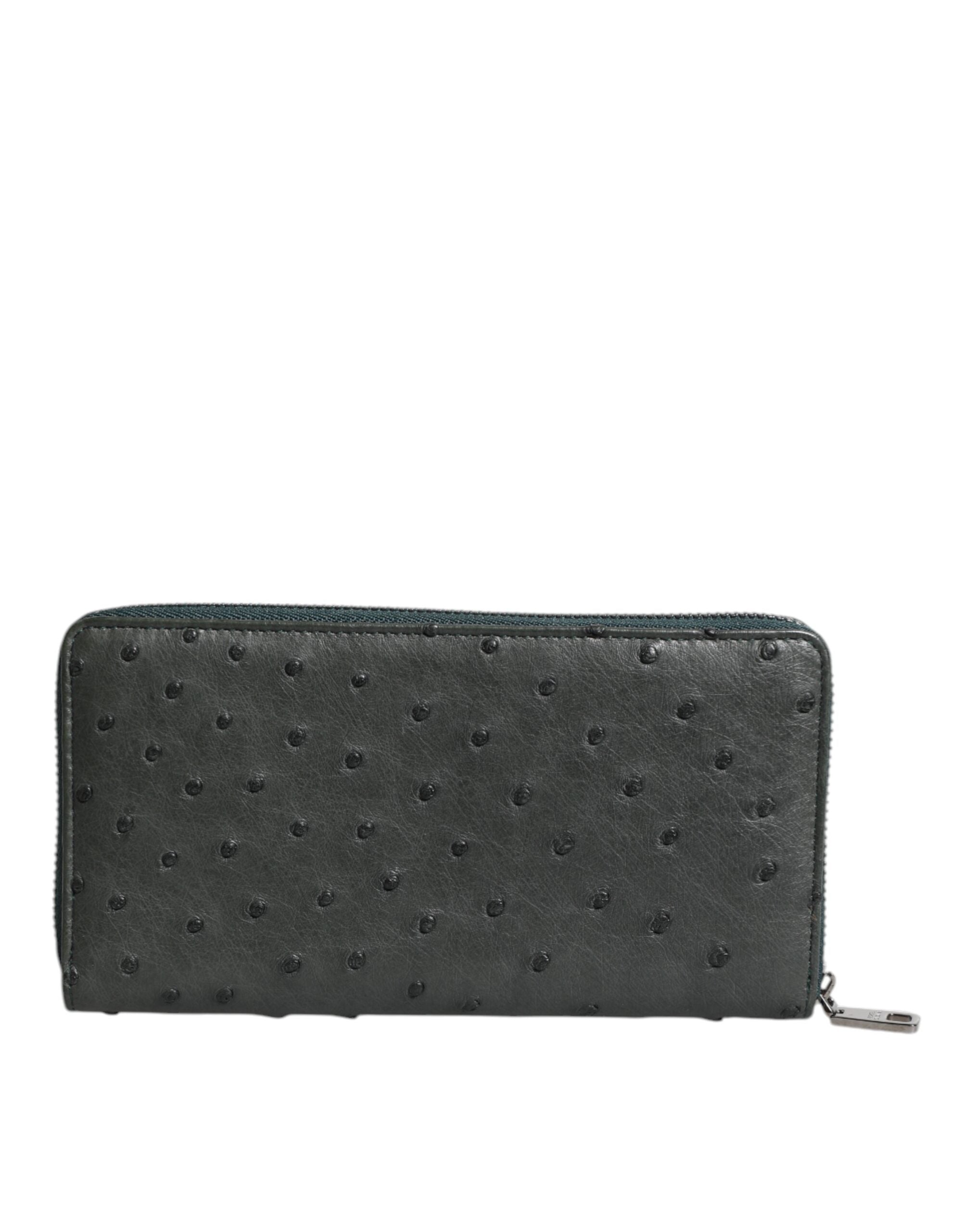 Dolce &amp; Gabbana Green Ostrich Logo Plaque Zip Around Continental Wallet